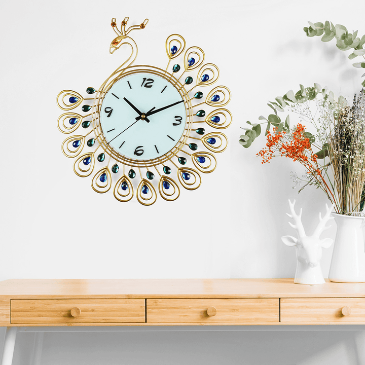 Large DIY 3D Flower Peacock Diamond Wall Clock Metal Modern Home Office Decorations - MRSLM