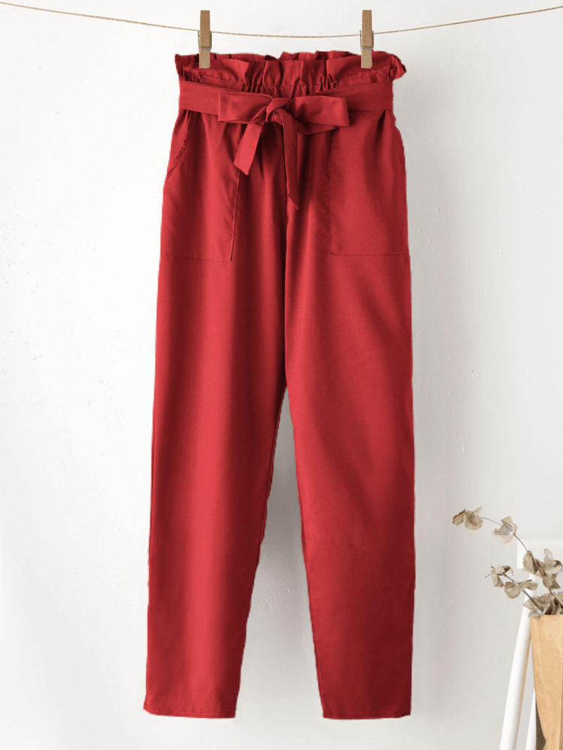 Solid Color Ruffle Knotted Pocket Casual Cropped Pants for Women - MRSLM