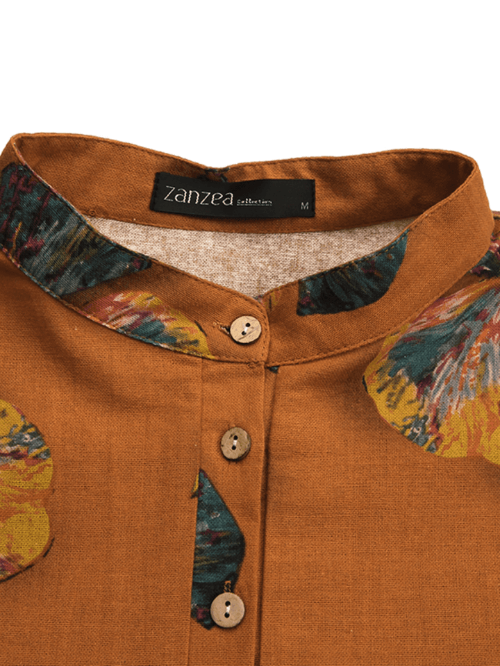 Women Cotton Button Vintage Print High-Low Hem Retro Shirt Dress - MRSLM