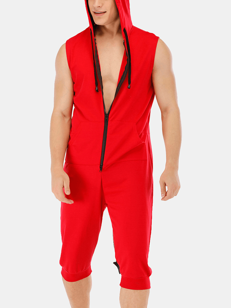 Mens New Casual Solid Color Sleeveless Jumpsuit Sleepwear - MRSLM