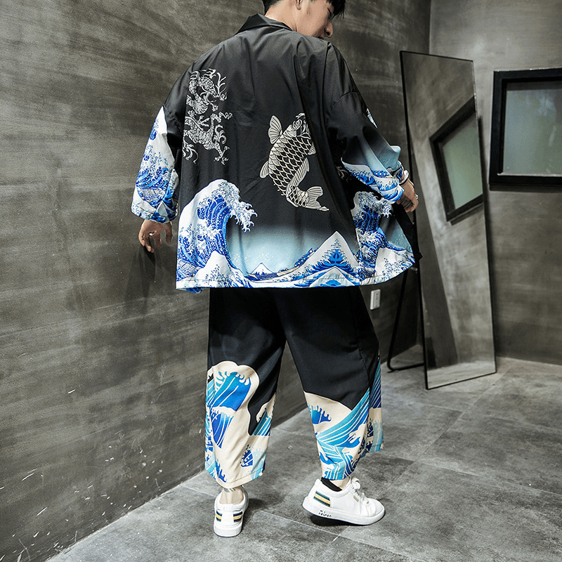 Men'S New Style Men'S Fashion Trend Chinese Style Yunxiao Red Carp Waves Kimono Cardigan Cloak Men - MRSLM