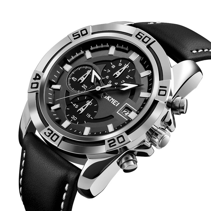 SKMEI 9156 Sport Watch Chronograph Leather Strap Waterproof Men Quartz Wrist Watch - MRSLM