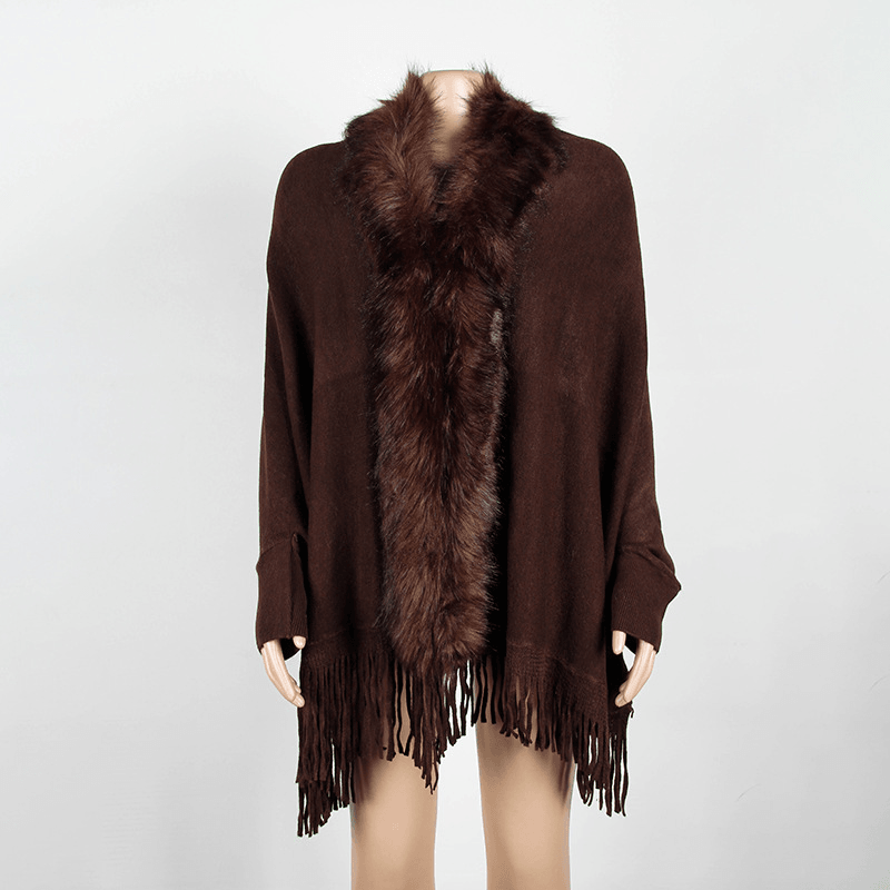 Autumn and Winter Fringed Cloak Shawl Fur Collar Solid Color Cardigan - MRSLM