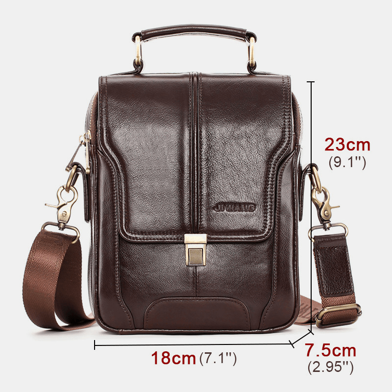 Men Vintage Cowhide Double Zipper Pocket Large Capacity Crossbody Bag Outdoor Travel Multifunction Shoulder Bag - MRSLM
