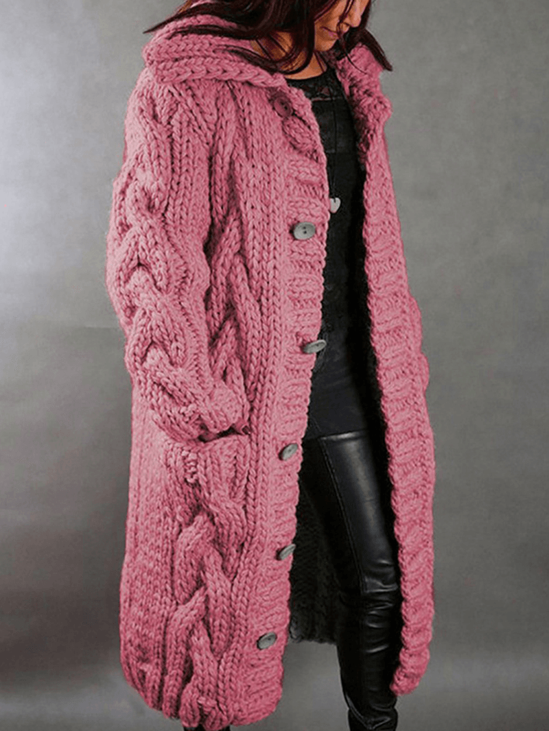 Women Solid Color Jacquard Knitted Mid-Length Hooded Cardigan with Pocket - MRSLM