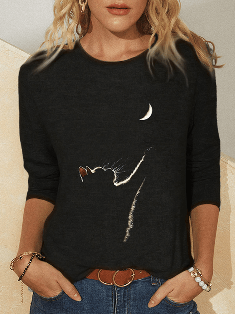Women Design Cat Print O-Neck Long Sleeve Casual T-Shirts - MRSLM