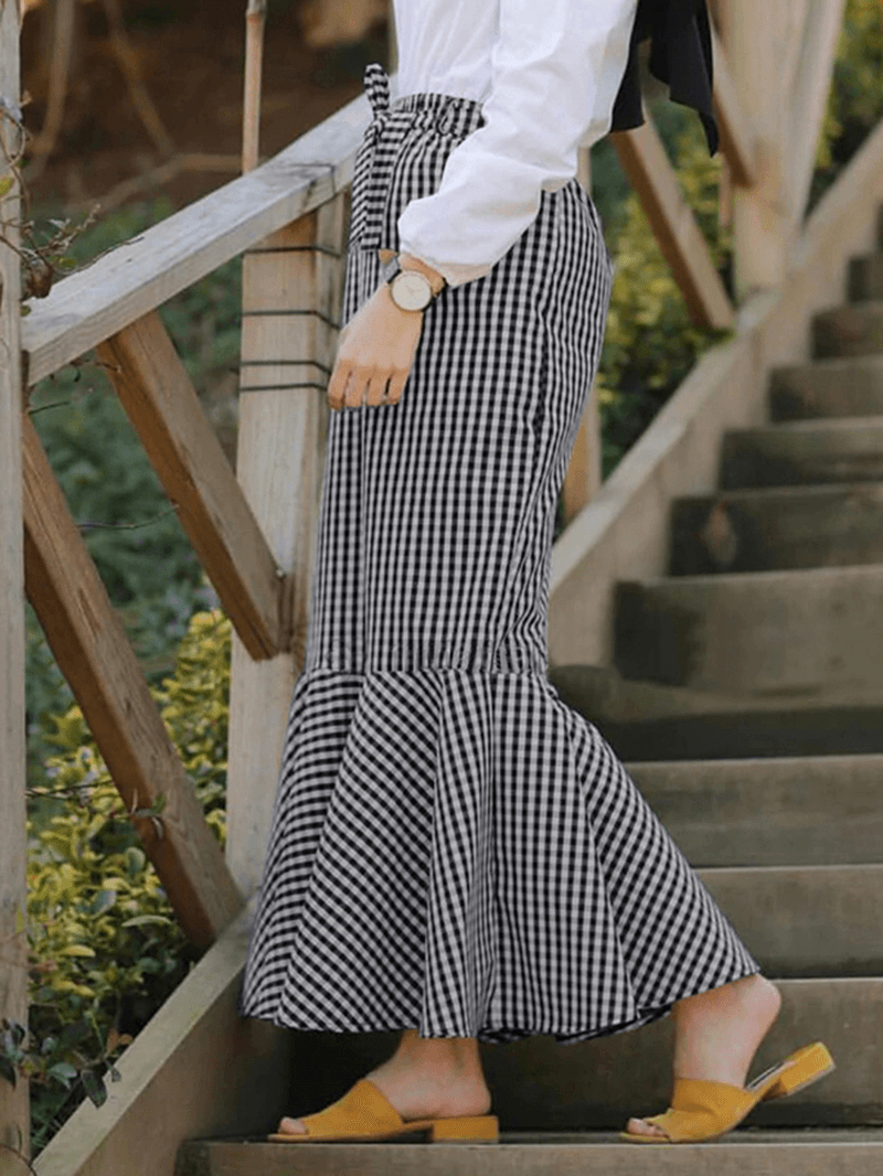 Women Grid Printed Lace-Up Fishtail Hem Side Zipper Casual Skirt with Pocket - MRSLM