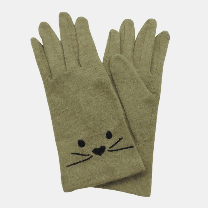 Women Wool Screen-Touchable Embroidery Cartoon Cat Pattern Keep Warm Fashion Casual Gloves - MRSLM