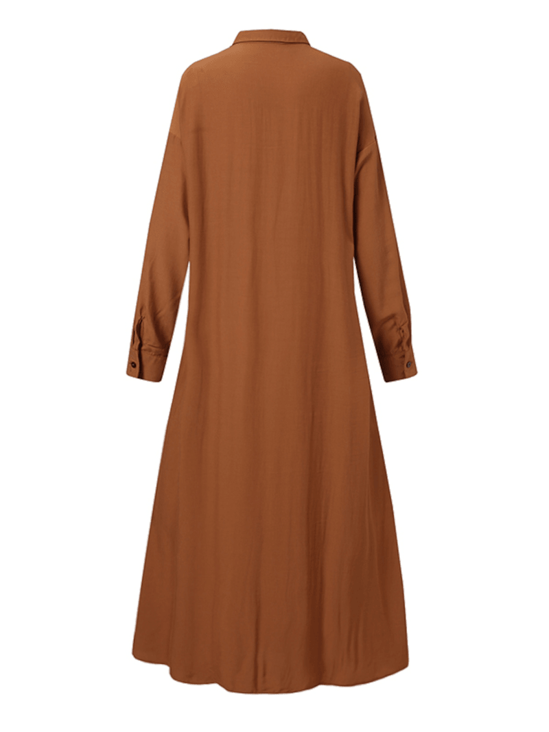 Women Solid Color Lapel Pleats Long Sleeve Casual Shirt Dress with Side Pocket - MRSLM