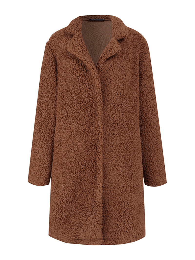 Women Winter Thick Fleece Lapel Mid-Length Solid Color Warm Casual Coat - MRSLM