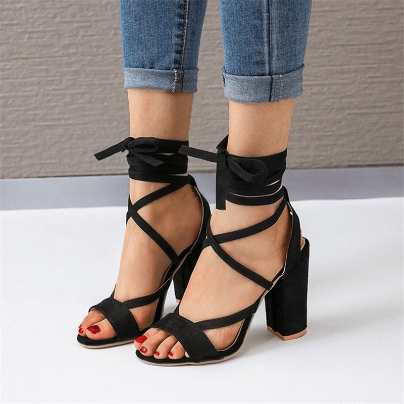Women plus Size Strappy Open Toe Suede High Heel Summer Sandals - MRSLM