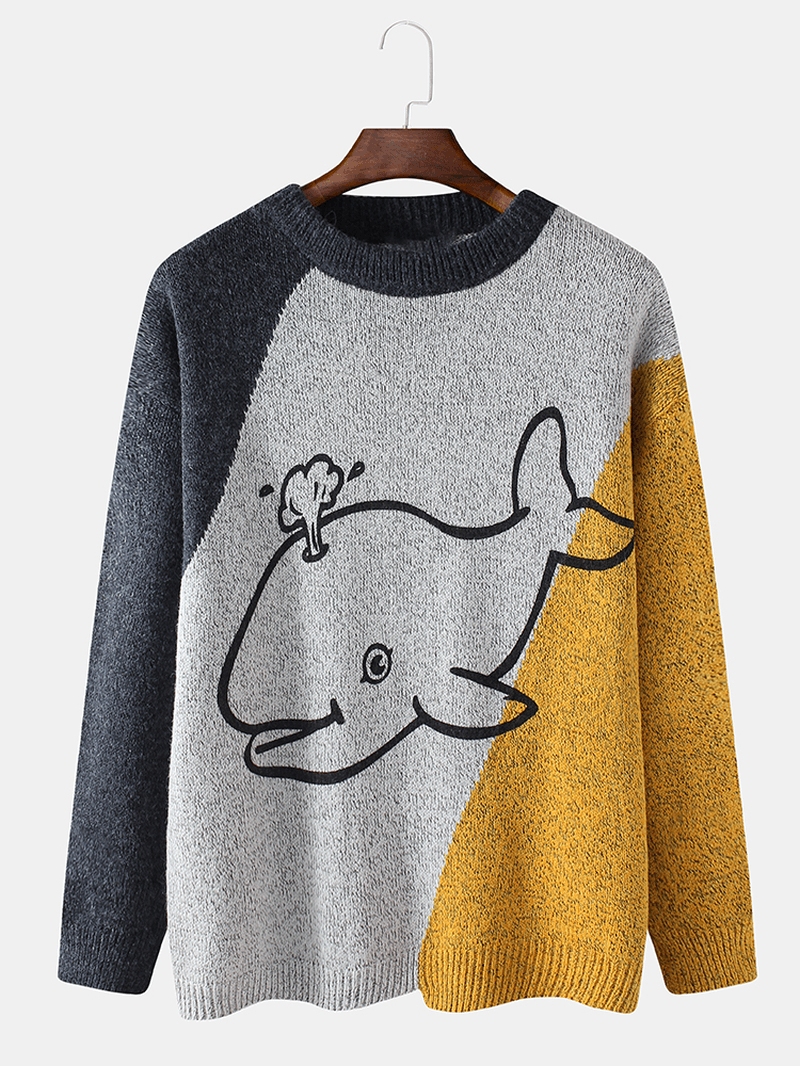 Mens Cartoon Whale Graphics Colorblcok Long Sleeve Cute Knitted Sweaters - MRSLM