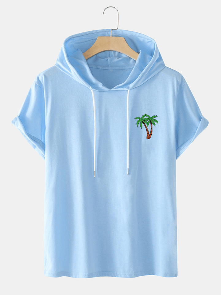 Mens Coconut Tree Hooded Chest Print Casual T-Shirts - MRSLM
