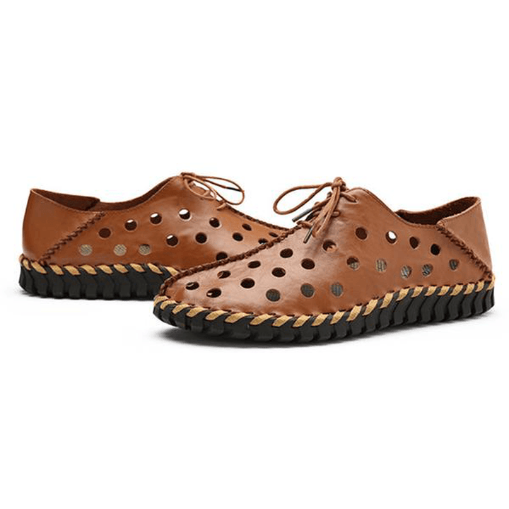 Men Casual Hand Stitching Hollow Outs Genuine Leather Oxfords - MRSLM