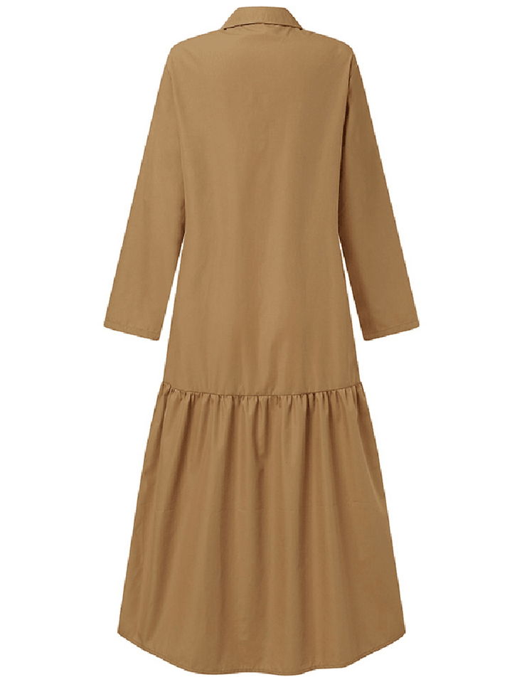 Women Solid Color Lapel A-Line Long Sleeve Simple Maxi Shirt Dresses - MRSLM