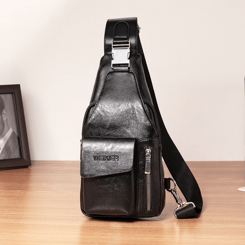 Men PU Leather Multifunctional Large Capacity Waterproof 6.5Inch Phone Bag Chest Bag Crossbody Bags - MRSLM