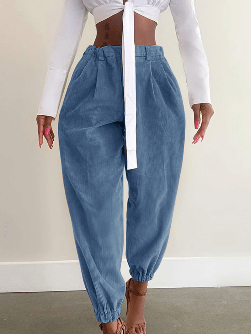 Women Corduroy Loose Solid Color Side Pockets Zipper Buttons Maxi Length Pants - MRSLM
