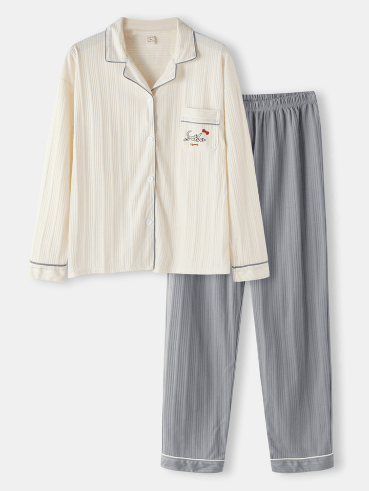 Women Ribbed Letter Print Revere Collar Shirt Elastic Waist Pants Home Cotton Pajama Set - MRSLM