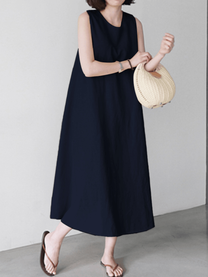 Women Solid Color Sleeveless O-Neck Casual Elegant Dress with Pockets - MRSLM