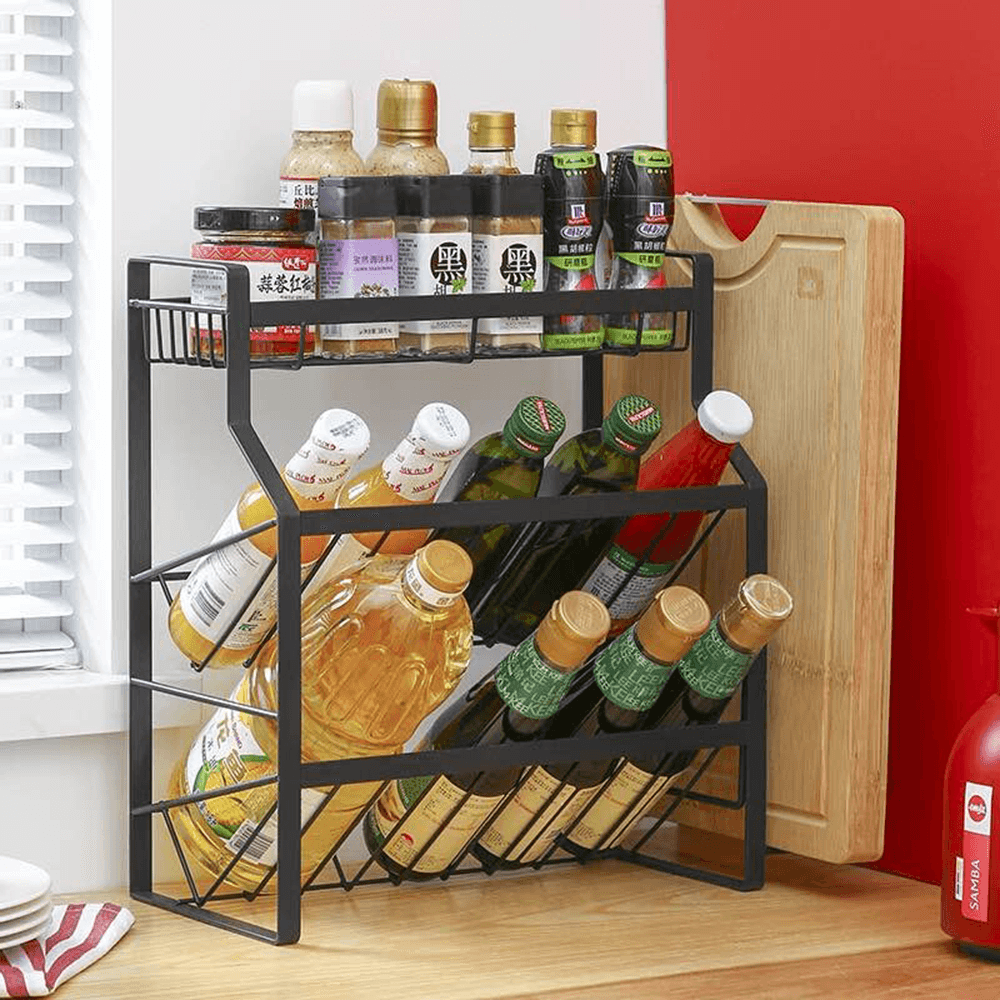 Multi-Functional 3-Tier Condiment Rack Kitchen Supplies Collection Arrangement Shelf Ground Storage Organizer - MRSLM