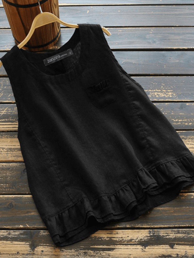Vintage Cotton Layered Ruffles Solid Color Sleeveless Tank Top for Women - MRSLM