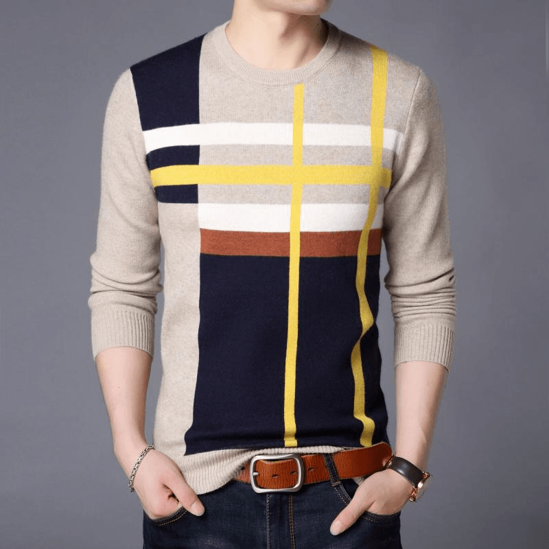 Men'S round Neck Striped Loose Long Sleeve Sweater - MRSLM