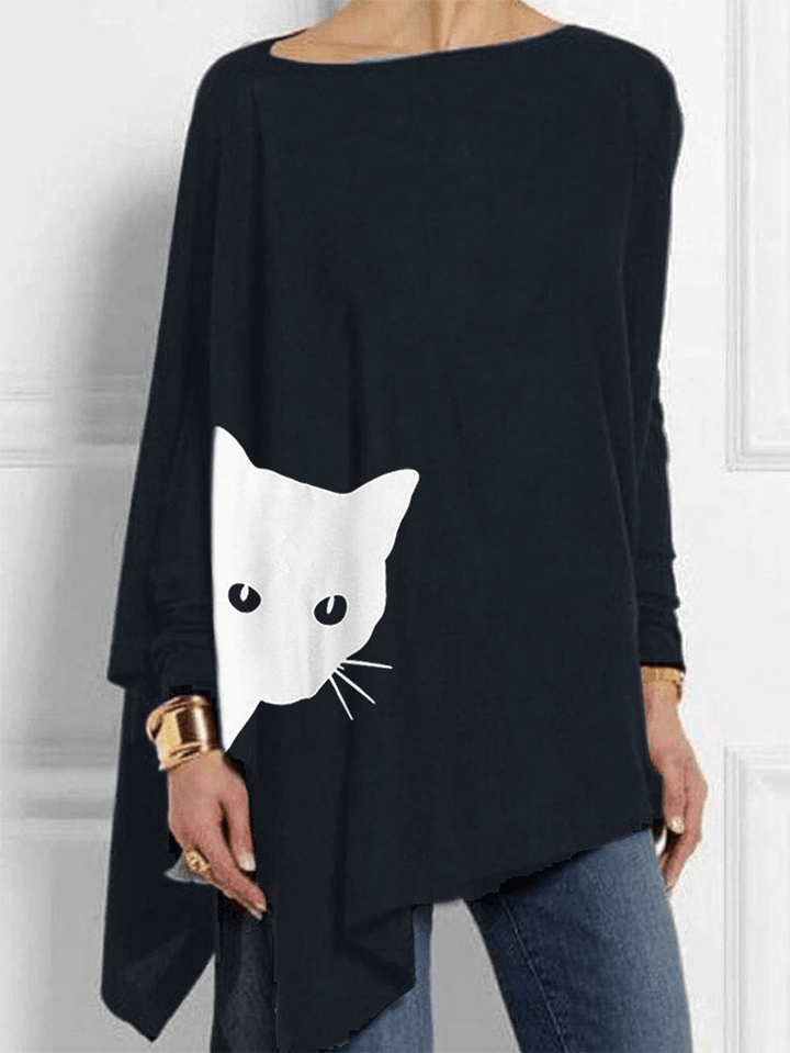 Irregular Cartoon Cat Print Long Sleeve Splited Blouse - MRSLM