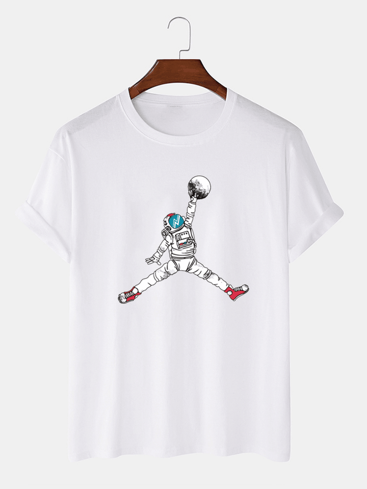 Astronaut Cartoon Print Crew Neck Short Sleeve T-Shirts - MRSLM
