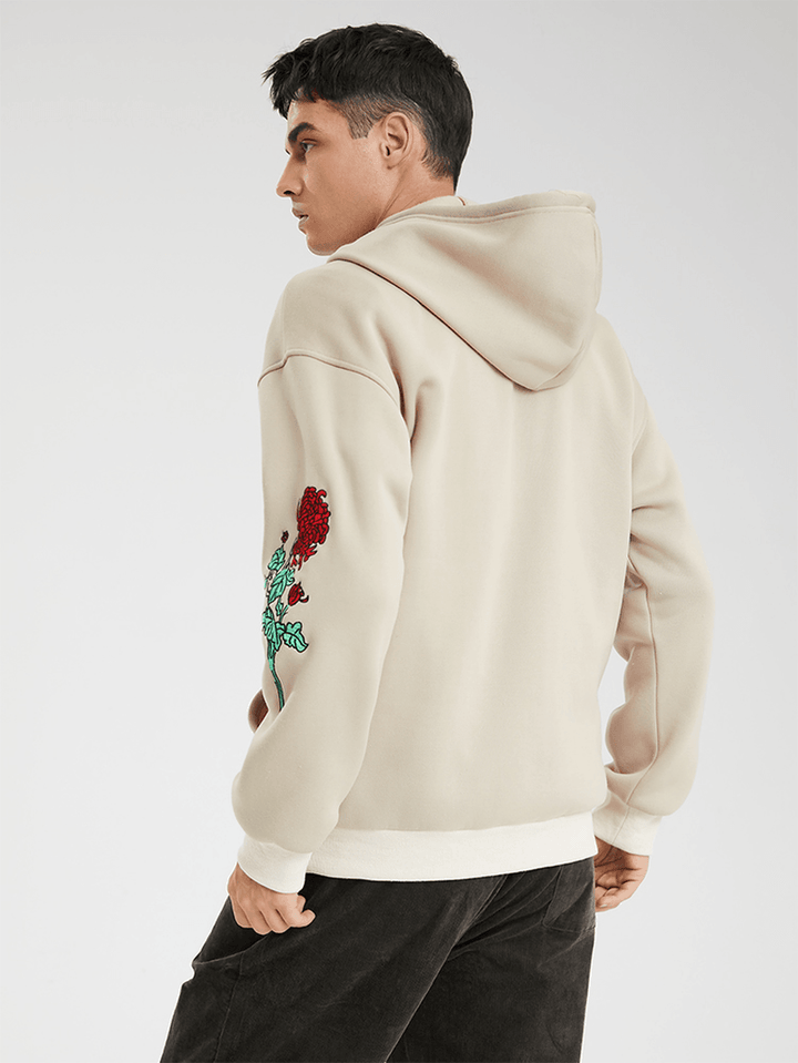 Men Embroidery Flower Print Letter Kangaroo Pocket Drawstring Casual Hooded Sweatshirt - MRSLM
