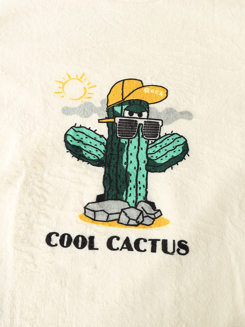 Mens Cartoon Cactus Letter Print round Neck Flannel Warm Long Pajamas Sets - MRSLM