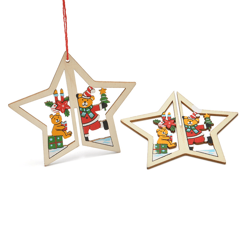 Christmas 3D Wooden Pendant Star Bell Tree Hang Ornaments Home Party Decorations Kids Gifts - MRSLM