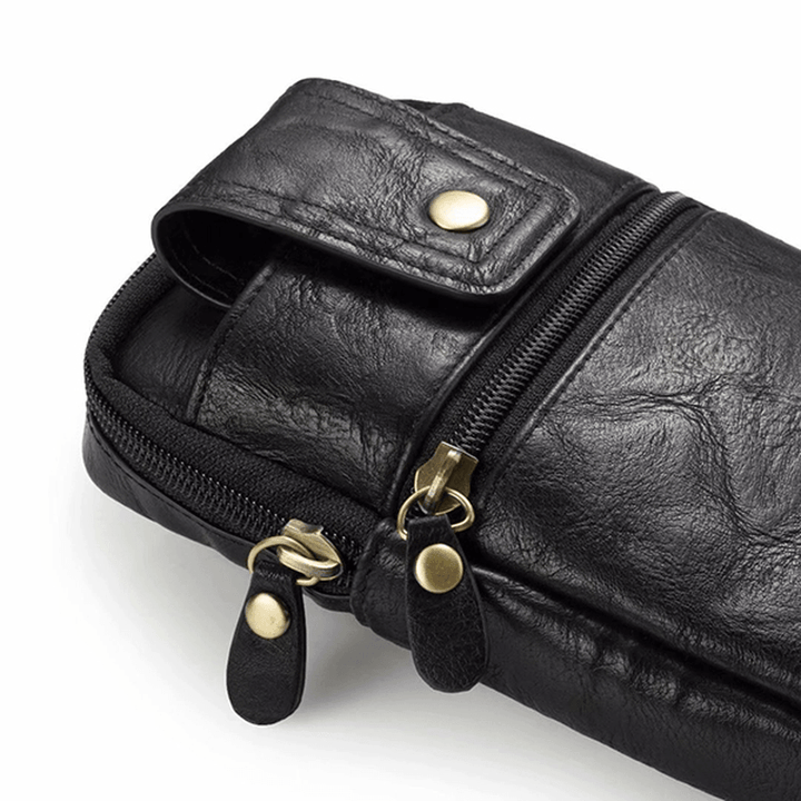 Men Genuine Leather Double Zipper Waist Bag Crossbody Bag - MRSLM