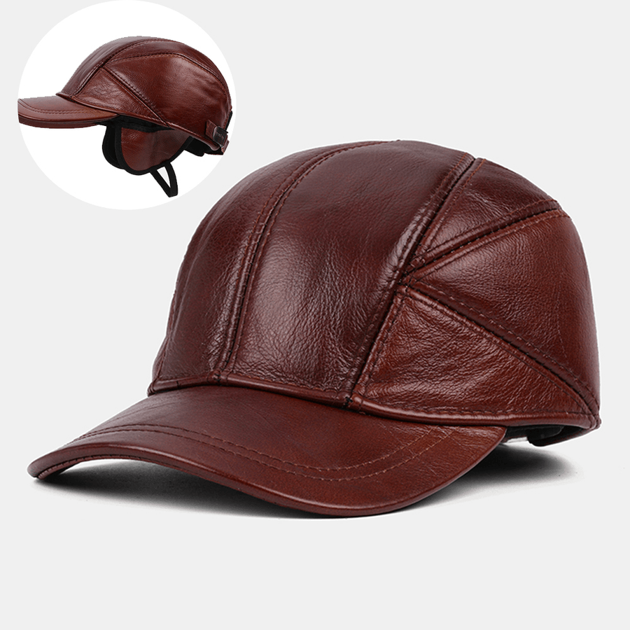 Men Genuine Leather Adjustable round Top Ear Protection Large Brim Keep Warm Baseball Hat - MRSLM