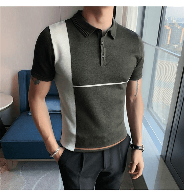 New Color-Blocking Striped Slim Stretch Knit Short-Sleeved T-Shirt - MRSLM
