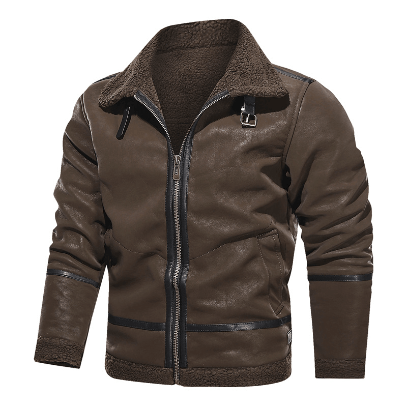 Men'S European and American Style Lapel plus Velvet Leather Jacket - MRSLM