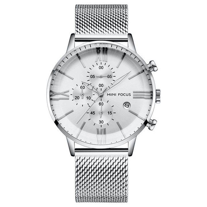 MINI FOCUS MF0236G Business Chronograph Calendar Mesh Steel Quartz Watch Men Wristwatch - MRSLM