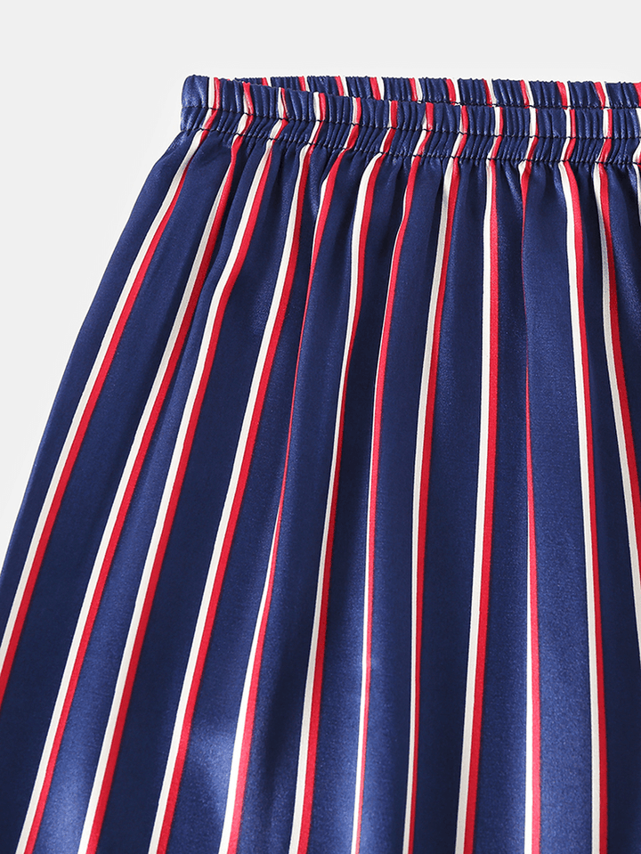 Mens Basic Striped Silk Thin Long Sleeve Home Casual Pajama Set - MRSLM