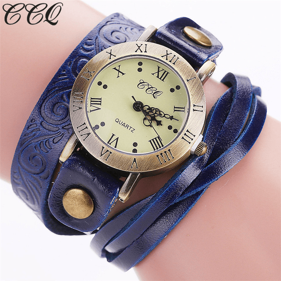 Vintage Retro Style Women Quartz Watch Cowhide Nicked Roman Numeral Leather Circle Wrist Watch - MRSLM