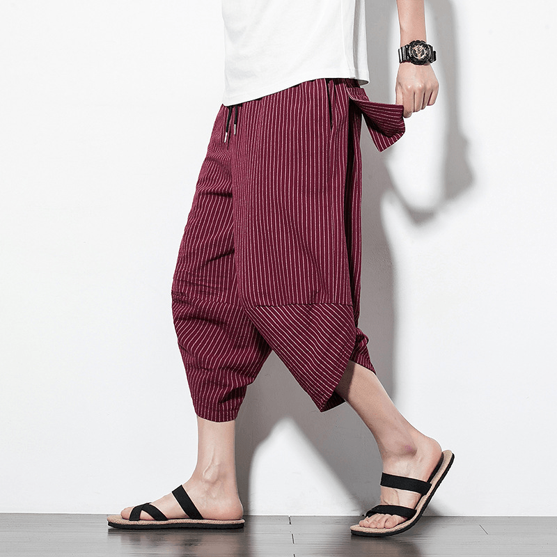 Mens Summer Chinese Style Linen Stripe Loose Casual Pants - MRSLM