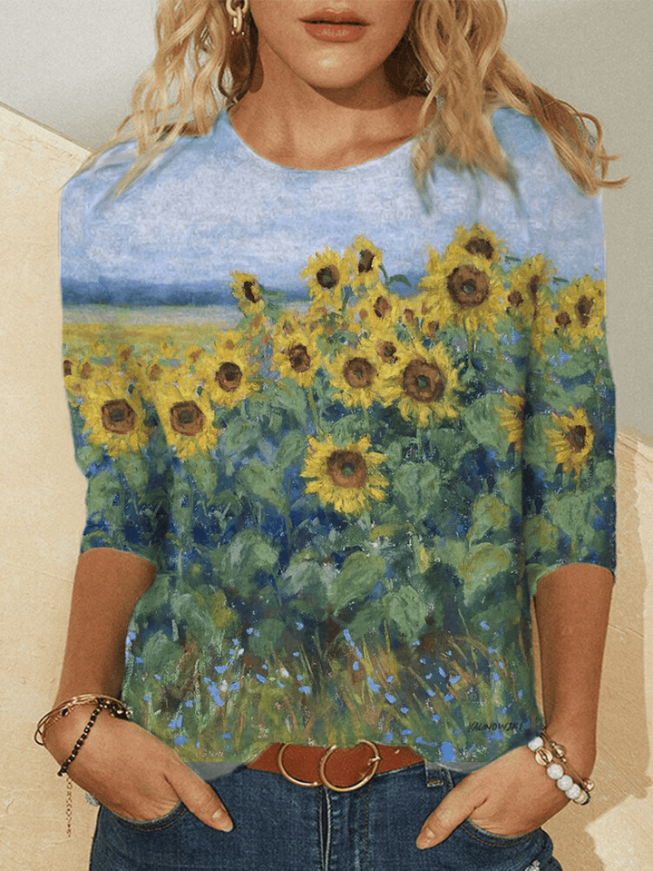Women Sunflower Landscape Print round Neck Long Sleeve Blouses - MRSLM