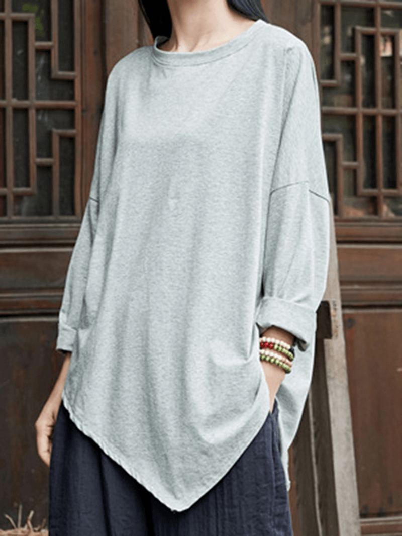 Women Cotton Long Sleeve Irregular Vintage Blouse - MRSLM