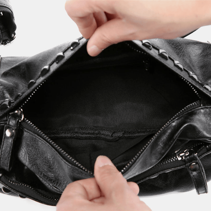 Men PU Leather Large Capacity Chest Bag Retro Waterproof Rivets Decorate Crossbody Shoulder Bag - MRSLM