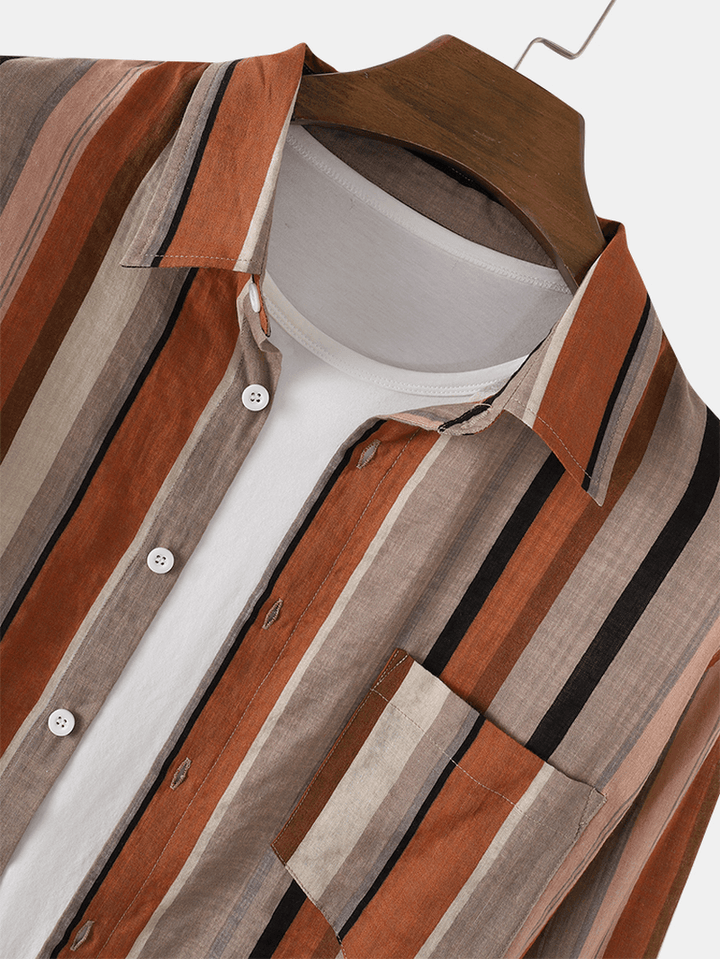 Colorful Stripe Lapel Collar Pocket Long Sleeve Cotton Breathable Shirts - MRSLM