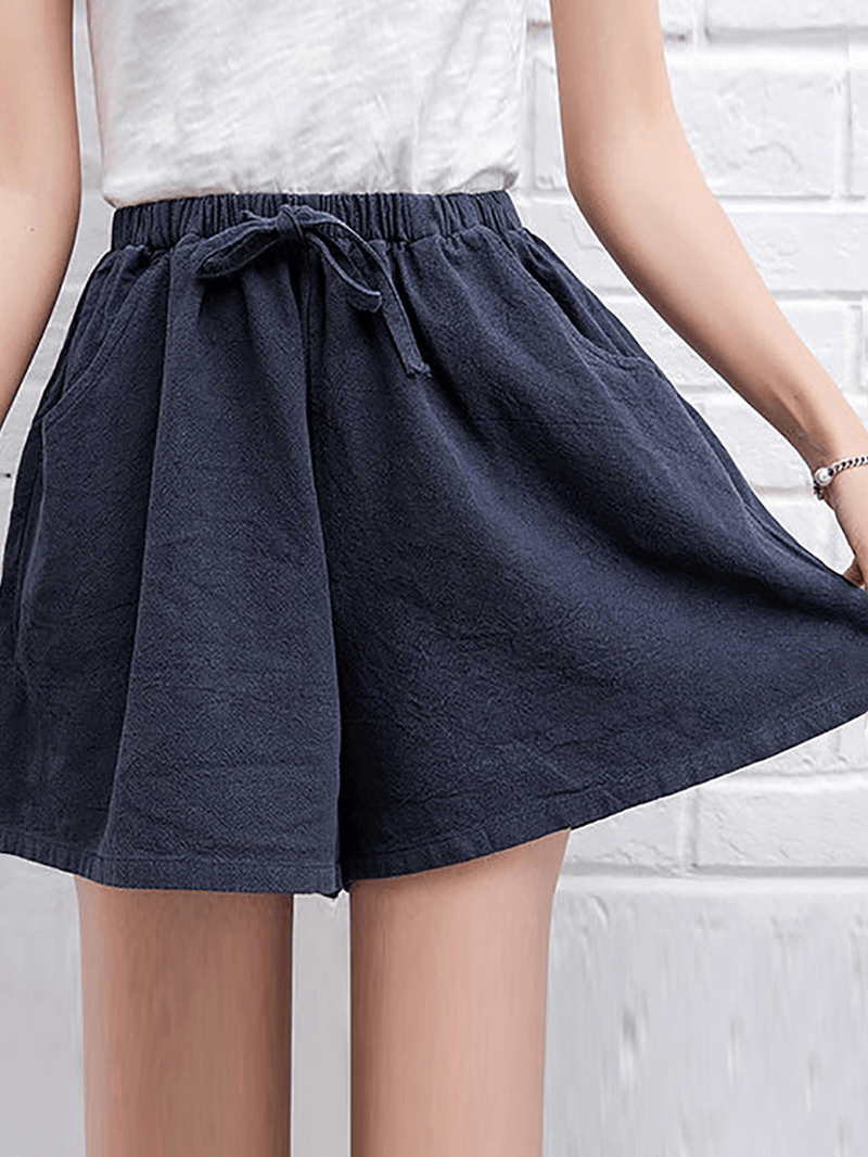 Women High Drawstring Waist Solid Cotton Casual Shorts - MRSLM