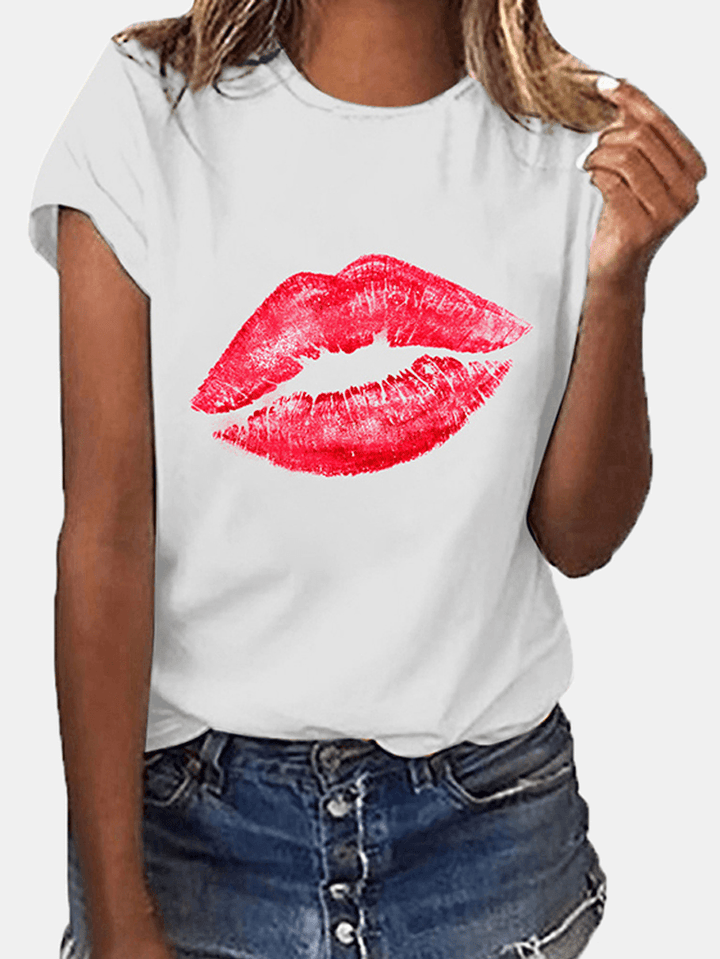 Women Casual Crew Neck Lips Print Short Sleeve Basic Tee T-Shirts - MRSLM