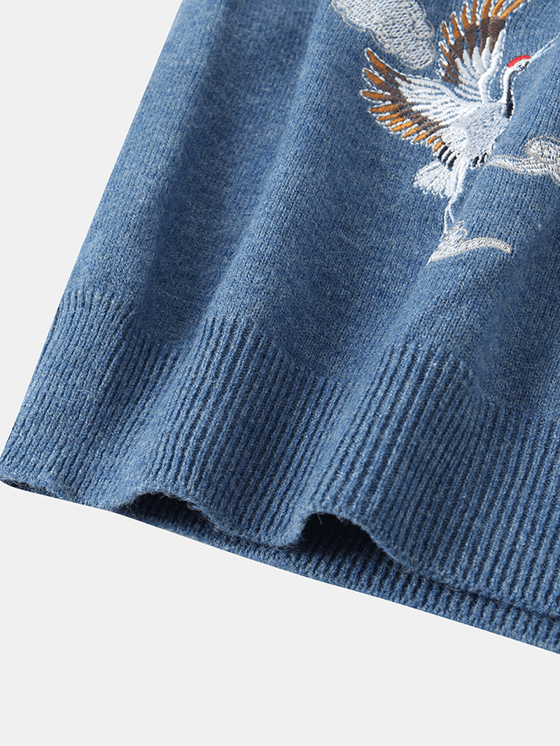 Mens Chinoiserie Crane Embroidery Raglan Sleeve Warm Knitted Sweaters - MRSLM