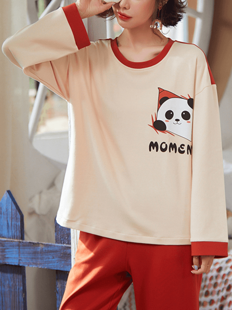 Women Cartoon Panda & Letter Print Long Sleeve Top Loose Pants Two Piece Home Pajama Set - MRSLM