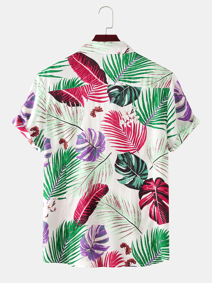 Men Color Block Leaves Print Turn down Collar Hawaii Beach Short Sleeve Shirts - MRSLM
