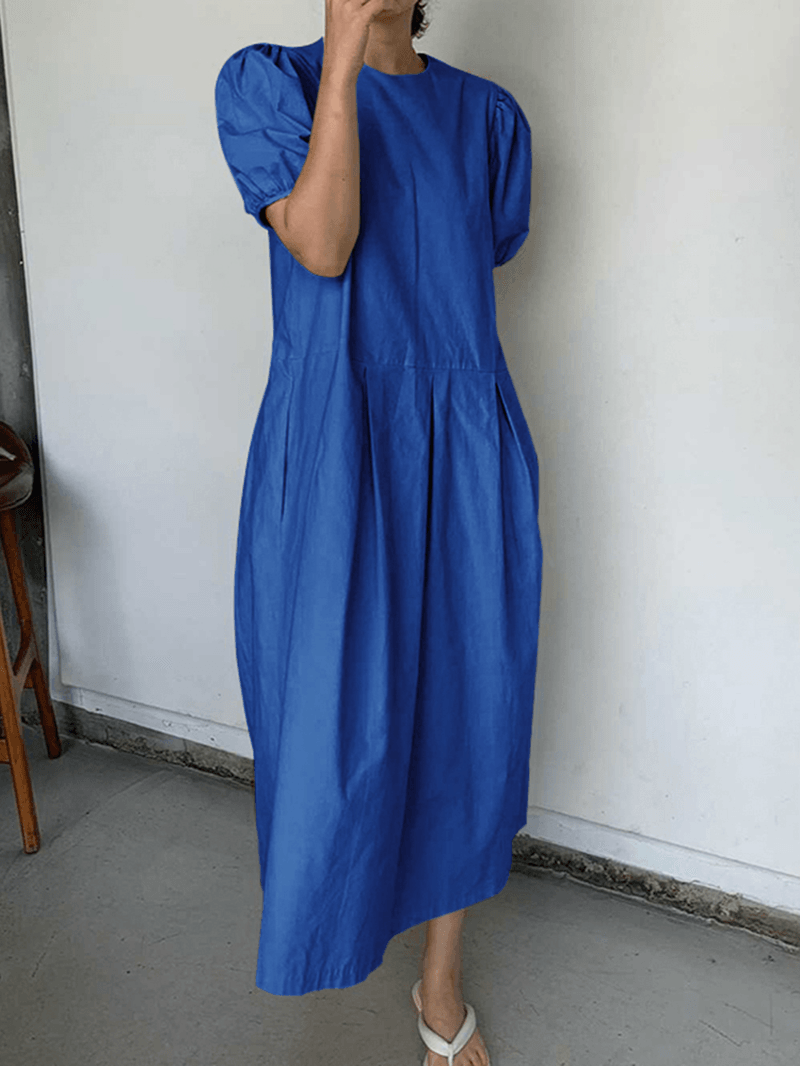 Casual Plain round Neck Puff Sleeve Side Zipper Solid Stitching Maxi Dress with Pocket - MRSLM