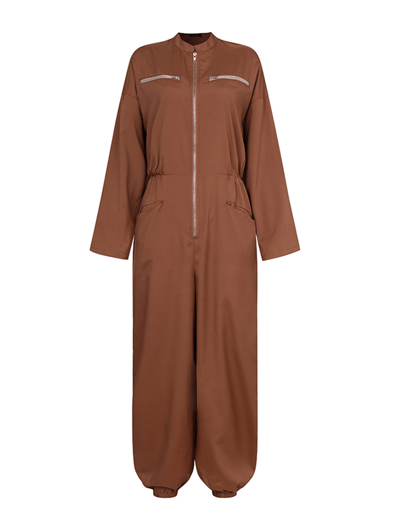 Women Zip Front Long Sleeve Beam Feet Cargo Solid Color Jumpsuits with Pocket - MRSLM